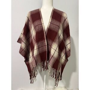 Hollister  Burgundy plaid poncho wrap with fringe XS/S